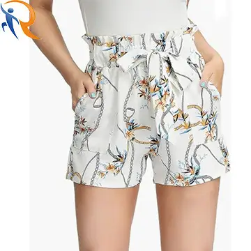2024 Summer Fashion Women's Cure Digital Printing Flowers Chain Patterns High Elastic Casual Beach Short with Pockets and Belt 1