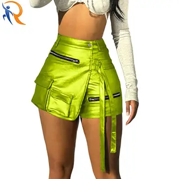2024 Summer Fashion Women's High Waist Shiny Stain Fabric Wrap Skirt with Zippers and 3D Pockets 1