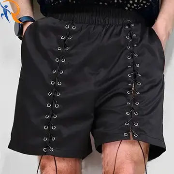 2024 Summer Dark Fashion Gothic Punk Rock Men's Black Simple High-waisted Elastic Corns Lace-up Casual Shorts with Pockets 1