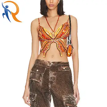 2024 Summer Fashion Women's Popular Sexy Orange Beauty Back Sequin Butterfly Scrop Top 1
