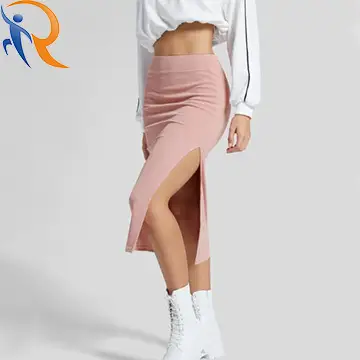 2024 Summer Fashion Women's Pink High Waist Bodycon Skirt Ribbed Knit Midi Split Casual Skirt 1