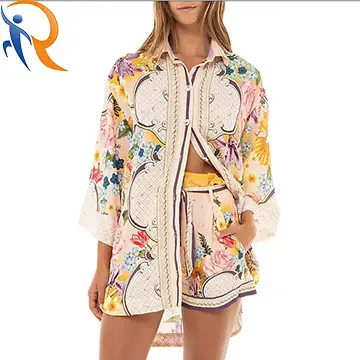 New Style Loose Digital Printing Flowers Butterfly Patterns Short With Self Belt  Womens Casual Beach Vacvtion Wear Short 1