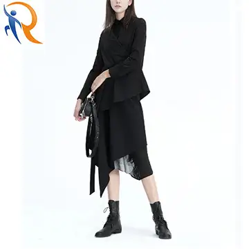 2024 Summer Stylish Women's High Waist Classic Black Irregular Midi Skirt With Black Gauze Hemline 1