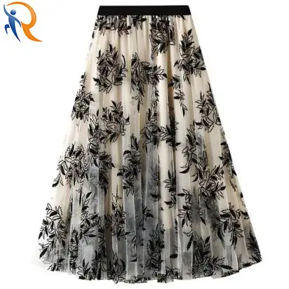2024 Fashion Summer Flocking Printed Gauze Skirt Long A-line Waist Big Swing Floral Mesh White Sweet Fashion Skirt Apricot Color Free Size 1