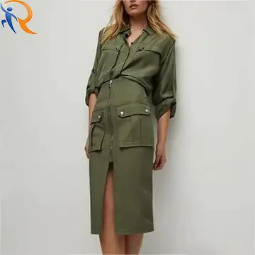 2024 Fashion High Waist Army-green Cargo Style Casual Commuter Half Zip Split Midi Skirt 1