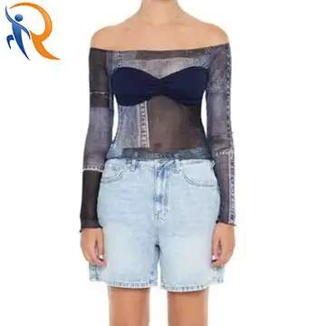 2024 Summer  Women's One-Shoulder Long Sleeve Semi-Transparent Denim Patchwork Stylish Top 1
