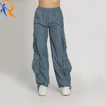 2024 New Fashion High Waist Shiny Blue Romper Wide Leg Pants Multi-Pocket Cargo Pants for Women 1
