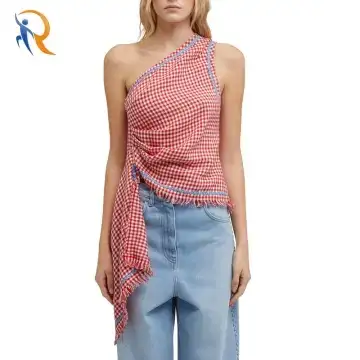 Chin Cute Style Vichy tweed one-shoulder top with applications special T-shit 1