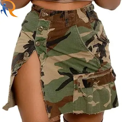 2024 Fashion Summer Women's Camo Skirts High Waist Short Cargo Pencil Slit Button Camouflage Mini Skirt with Pockets 1