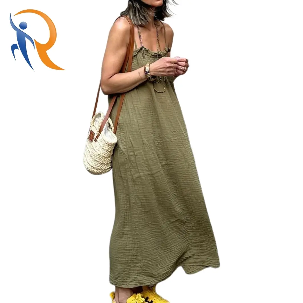 أزياء عادي تكدرت الرقبة Maxidress الخسارة مريح قابل للتعديل السباغيتي حزام اللباس 1