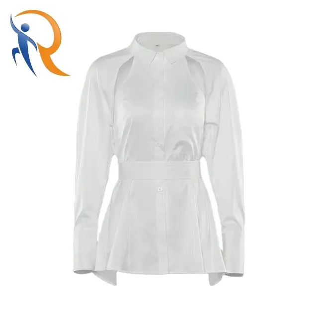 Hollow Puff Sleeves Elegant Luxury Lapel Lace-up Belted Shirt Top 1
