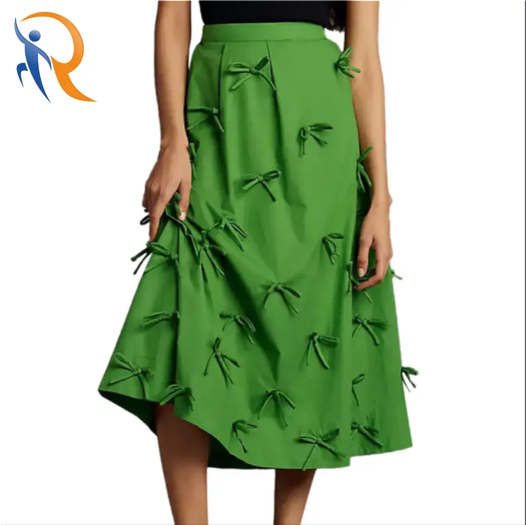 Green Pleated Bowknot Solid Color Cotton Fashion Elegent A-ine Skirt-1721274267361368 1