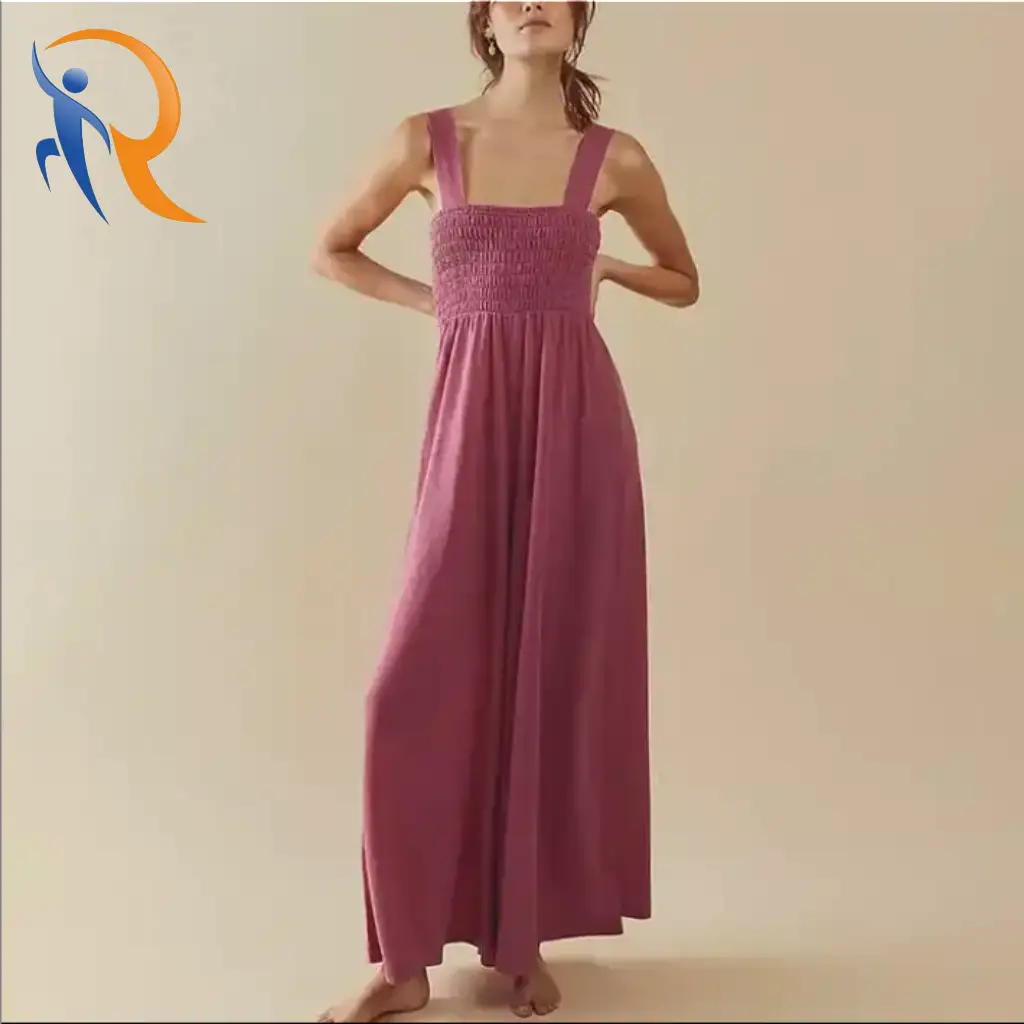 Solid Color Sleeveless Square Sollar Smocking Wide Leg Knit Summer Elegant Ladies Jumpsuit 1