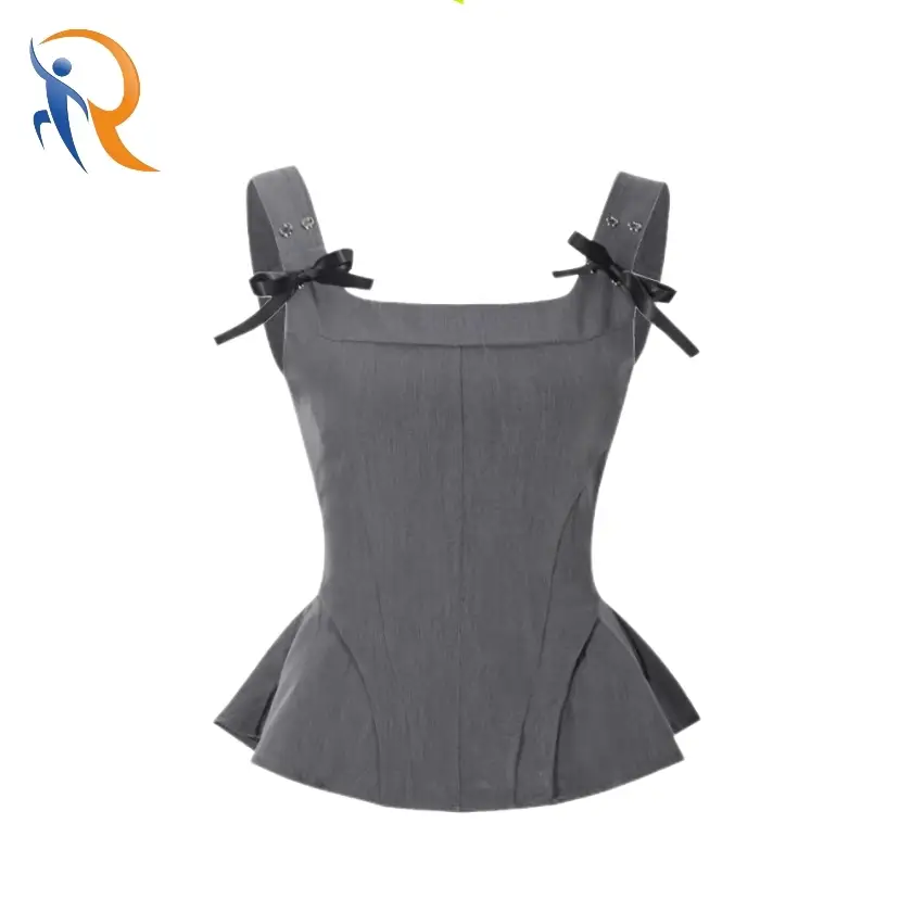 2024 Fashion Solid Color Eyelets Bows Ruffled Smocking Shouder Strap Top 1