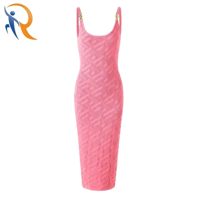 2024 Solid O-neckline Spaghetti Straps Knitted Metal Decoration Slim Fitted Women Pink Jacquard Midi Dress 1