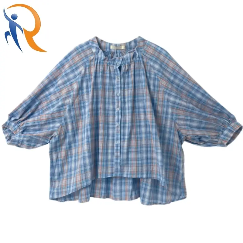 2024 Sweat Raglan Puff Sleeve Wooden Ear Edge Collar Loose Fit Blue Plaid blouse 1