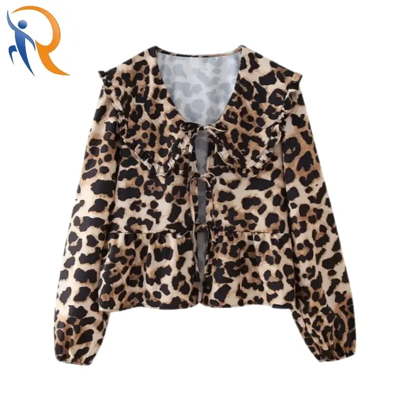 Fashion Leopard Print Strappy Doll Collar Puff Sleeve Retro Chic Short Top 1