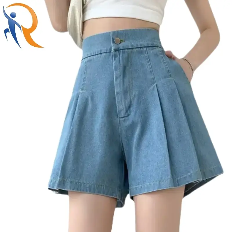 شورت جينز كاجوال بخصر مطاطي وساق واسعة للنساء 1