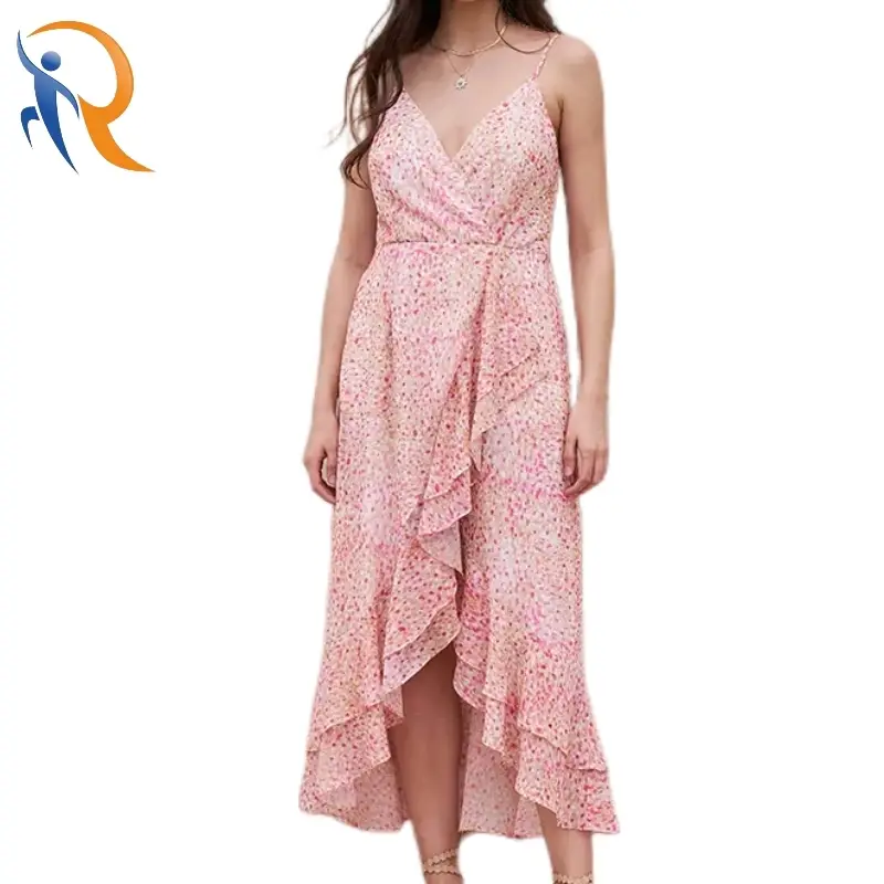 Elegent Spaghetti Strap V Neck Pink Floral Printing Ruffled Smocking Split Dress 1