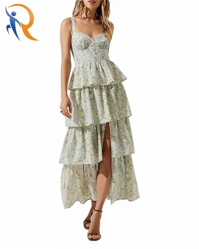 Sweat Floral Printing Eyelet Embroidery Tiered Ruffled Hem Split Bodycon Maxi Slip Dress 1