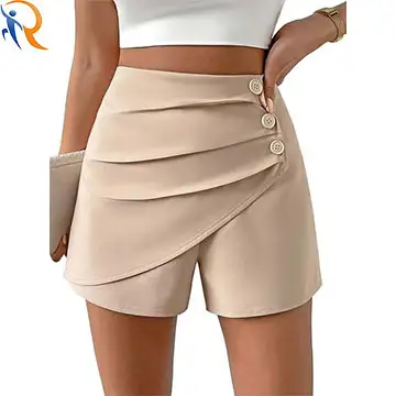 Women's Pleated Culottes Double Layer Comfirt Skin Friendly Pleated Buttons Shorts 1