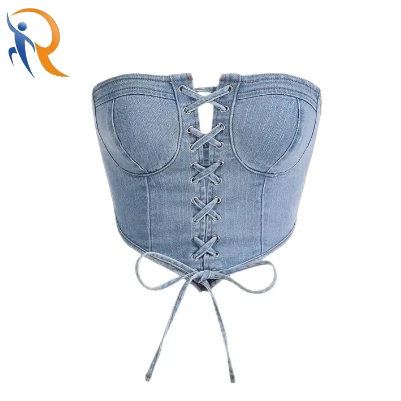 Women's Lace Up Denim Tube Tops Strapless Sleeveless Sexy Bandeau Crop Tops 1