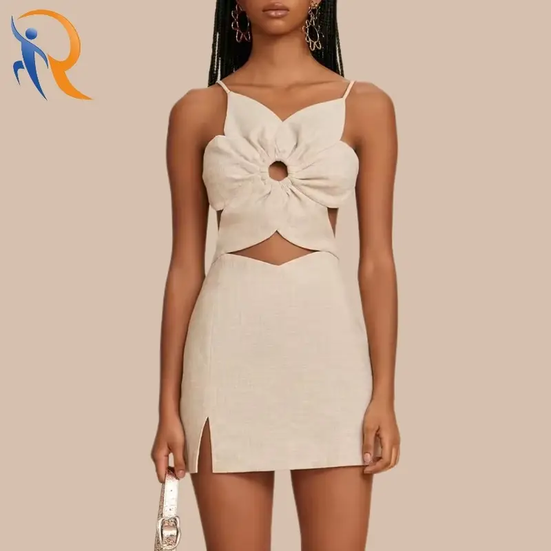 Fashion Open Back Spaghetti Strap Hollow Out Flower Shaped Top Mini dress 1