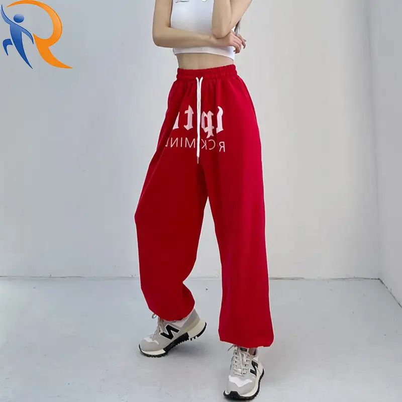 الهيب هوب الجاز الأحمر Athleisure حزام السراويل الهيب هوب رسالة واسعة الساق Sweatpants النساء عالية الخصر السراويل البضائع 1