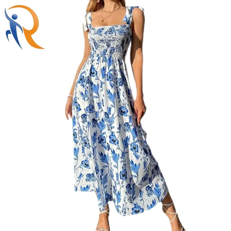 Summer Elegent Floral Print Strap Smocking Pleated A-line Maxi Sundress 1