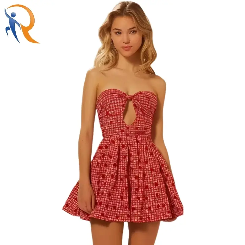 Summer Sexy Sweet Tweed Strapless Backless Hollow Out Pleated A-line Mini Dress 1