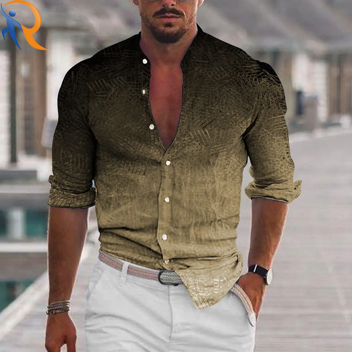 2024 Ins Spring Autumn Gradient Men's Casual Long-sleeved Stand-up Collar Shirt 1