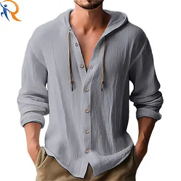 New Men's Solid Color Leisure Cotton Hemp Long-sleeved Shirt with Hooded Drawstring Fashion Trend All Match Loose Cardigan Shirt 1