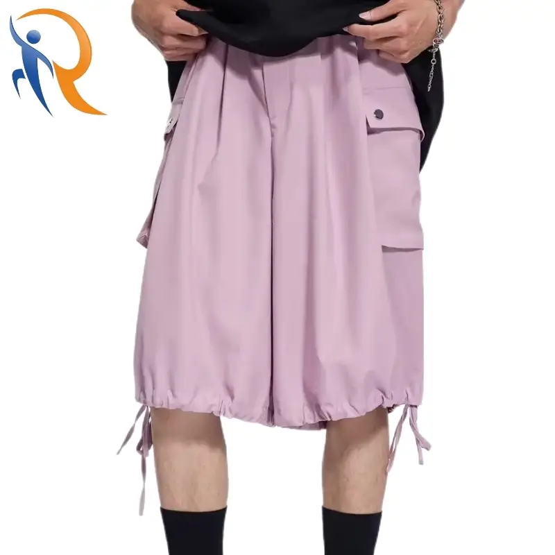 Casual Fashion Pleated Drawstring Leg Opening Nylon Cargo Shorts for Men 1