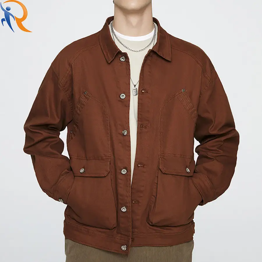 Spring Fall American Men Vintage Wash Solid Color Single Breasted Lapel Loose Outdoor Cargo Jacket 1