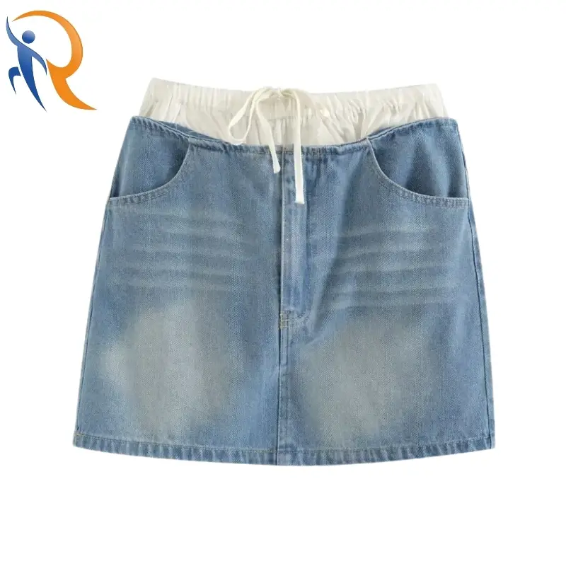 New Fashion Patchwork Waist Drawstring Splicing Acid Wash Denim Mini Skirt 1