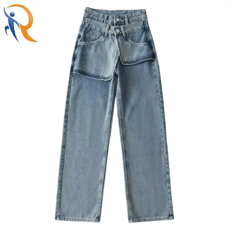 Fashion Double-layered Waist Street Wear Straight Leg Asymmetric Womans Washed Denim Jeans-1722821386493517 1