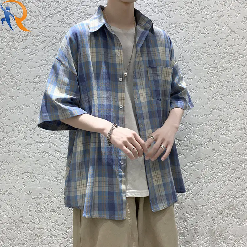 Plaid Shirt Men Short Sleeve Summer Thin Loose Ruffian  Half Sleeve inch Shirt 1