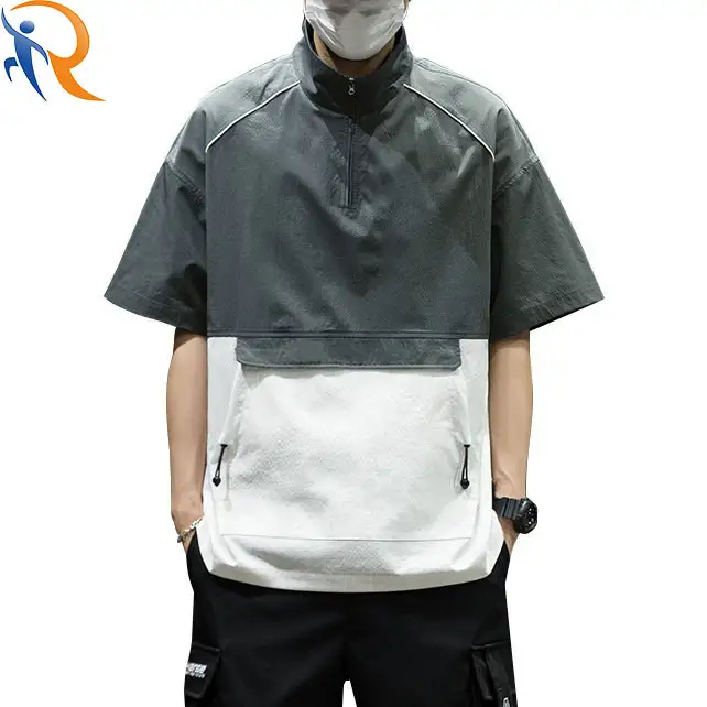 Summer Polo Short-sleeved T-shirt Retro Color Matching Unisex Patchwork Woven T-shirt 1