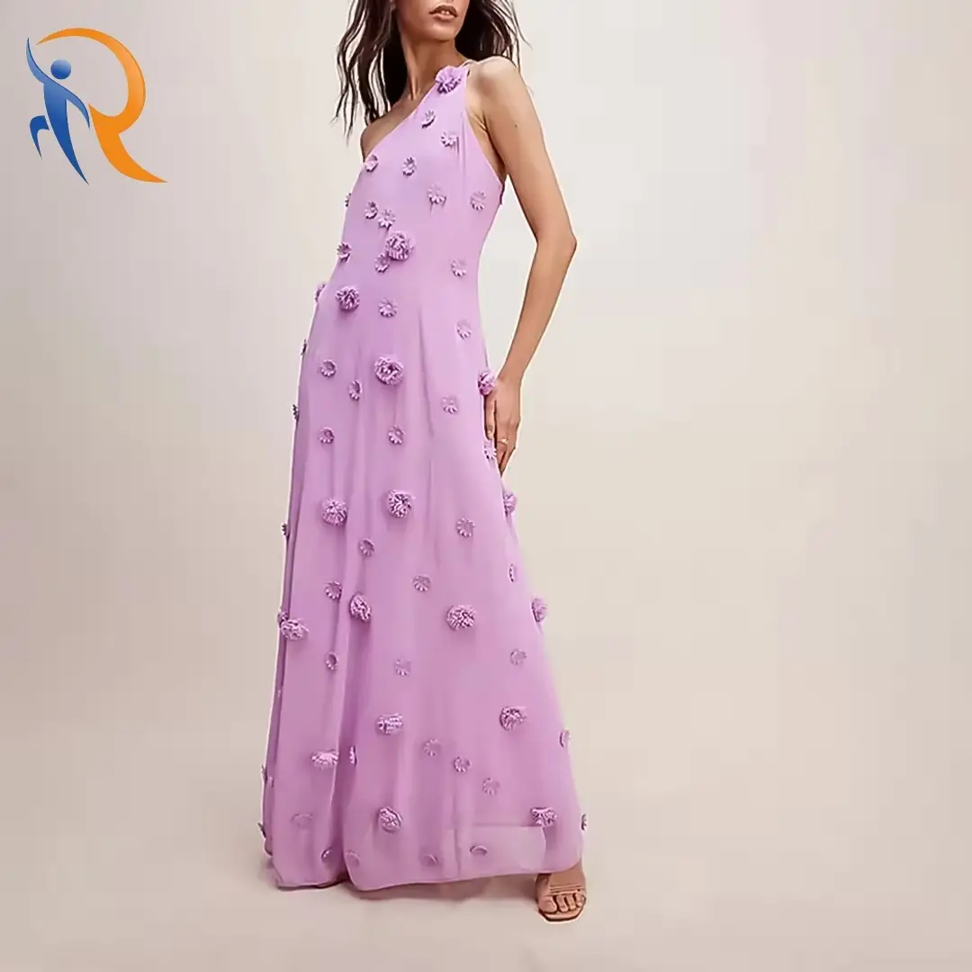 Elegent Purple One Shoulder Backless Floral Decoration Ruffled Maxi Dress 1