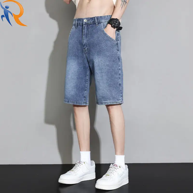 Summer thin denim shorts for men High street loose-fitting straight tube embroidered standard wash gray casual all-in-one five-quarter pants for men 1
