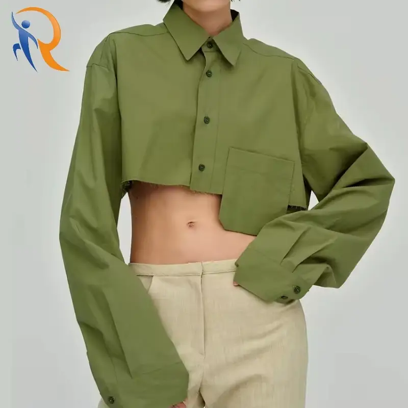 Casual Fashion Crop Top Long Sleeves Lapel Pocket Raw Edge Hem Irregular Loose Blouses 1