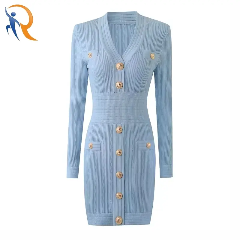 Fashion Elegant Knitted Long Sleeve V Neck Metal Button Sweater Dress 1