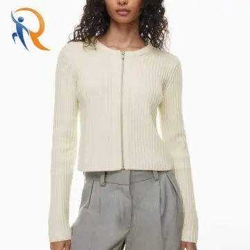 Merino wool ribbed zip-up cardigan top quality 1
