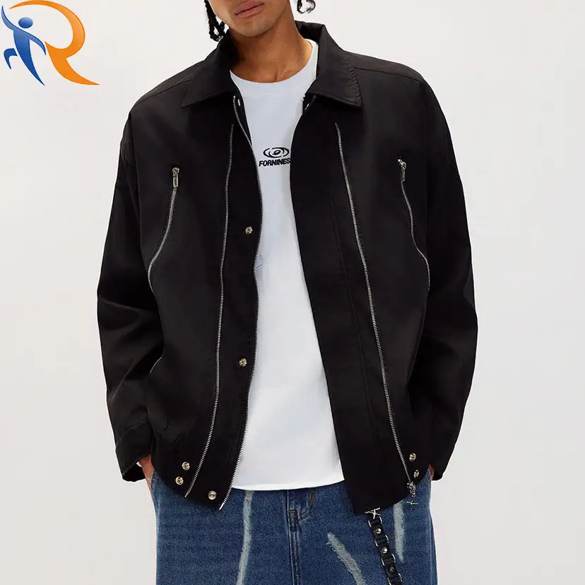 Trendy zipper design Fashion jacket lapel coat unisex work tops 1