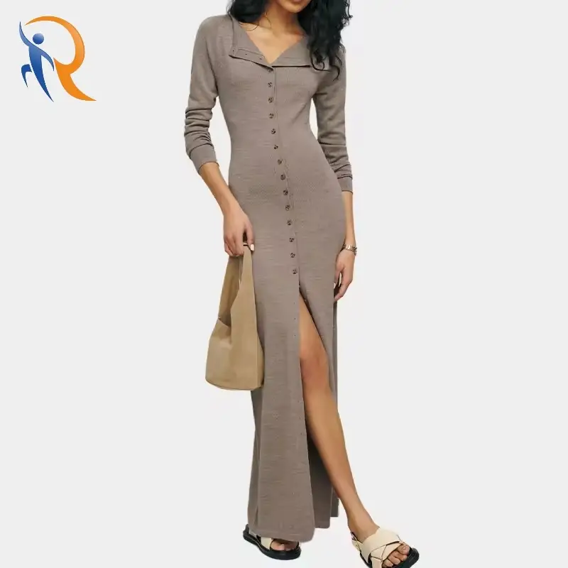 Autumn Casual Luxury Knitted Button Up Wool Sweater Dress 1