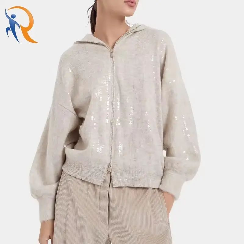 Autumn Casual Fashion Sequin Hood Zip Up Zipper Mohair Wool Women Cardigan 1
