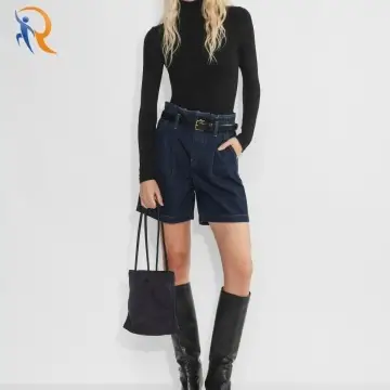 Pleated paperbag non-stretch denim shorts with dark indigo wash 1