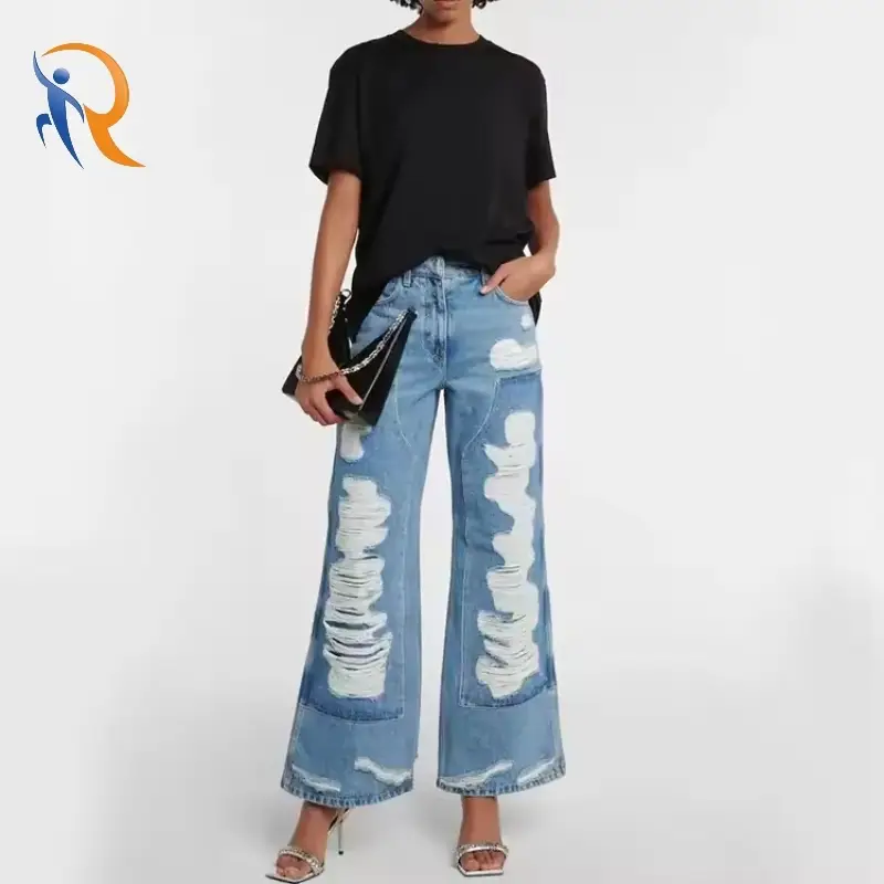 Fashion Ripped Wide Legs Washed Patchwork Loose Jeans For Women 1