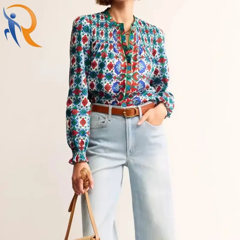 Lady's Round Neck Long Sleeves Printed Blouse 1