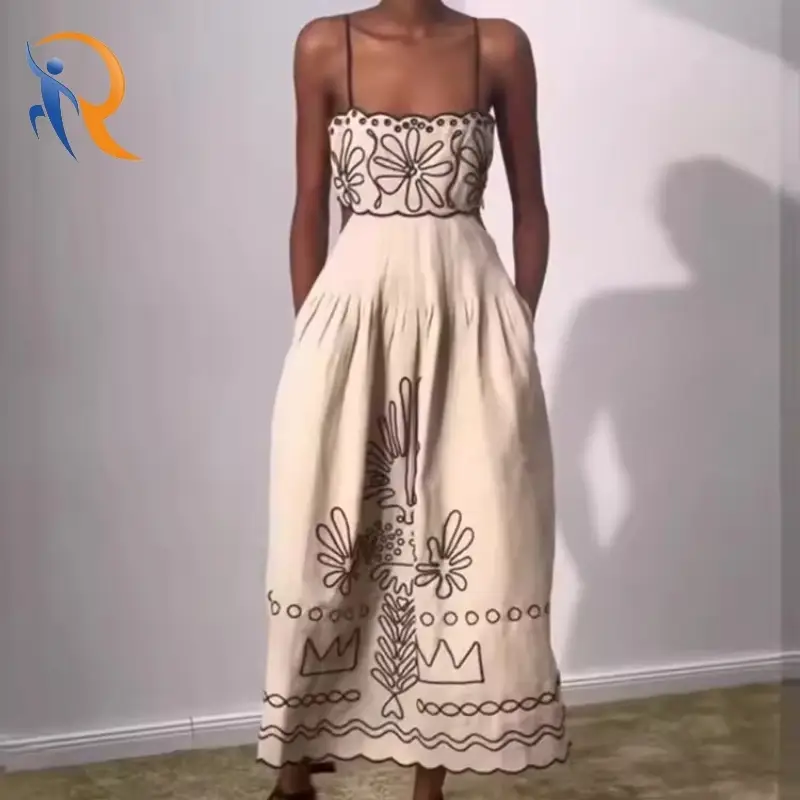 Elegant Spaghetti Strap Hollow Pleated Embroidery Women Maxi Dress 1
